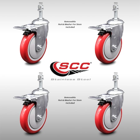 Service Caster 5 Inch SS Red Polyurethane 10mm Threaded Stem Caster Set Total Lock Brake SCC-SSTSTTL20S514-PPUB-RED-M1015-4